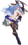  1girl animal_ears bare_back blue_hair blue_pubic_hair breasts brown_eye brown_legwear commentary_request erune ferry_(granblue_fantasy) granblue_fantasy highres holding holding_whip long_hair looking_at_viewer medium_breasts negresco open_mouth sideboob simple_background solo thigh-highs whip white_background 