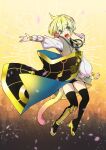  1boy :3 aqua_eyes beads black_legwear blonde_hair earrings fake_tail japanese_clothes jewelry kanagawa_haiji male_focus monkey_tail open_mouth outstretched_arm short_shorts shorts smile taikou_samonji tail tassel thigh-highs touken_ranbu 