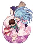  2girls :d bamboo_broom bangs black_hair blue_hair breasts broom brown_eyes character_doll commentary_request fangs floral_print hamada_yoshikazu highres huge_breasts japanese_clothes kagami_kazuya kimono kiriha_(tsugumomo) kokuyou light_smile long_hair looking_at_viewer miko multiple_girls obi official_art open_mouth parted_bangs pointy_ears print_kimono red_eyes sash simple_background smile teeth tsugumomo white_background wide_sleeves 