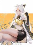  1girl absurdres artist_name black_gloves breasts crossed_legs feet_out_of_frame fur_trim genshin_impact gloves hair_ornament hair_stick hand_up highres koi_han large_breasts long_hair ningguang red_eyes silver_hair sitting solo thighs torn_clothes very_long_hair 