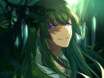 1boy androgynous bangs check_character commentary dappled_sunlight dated_commentary eyebrows_visible_through_hair fate/grand_order fate_(series) foliage forest green_hair kingu_(fate) long_hair looking_at_viewer male_focus nature outdoors parted_lips robe sayshownen smile solo sunlight upper_body violet_eyes