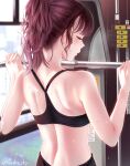 1girl back bangs bare_arms bare_shoulders blush closed_eyes commentary eyebrows_visible_through_hair from_behind highres indoors kanden_suki long_hair nape original parted_lips ponytail profile purple_hair solo sparkle sports_bra sweat twitter_username upper_body window
