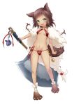  1girl animal_ears axe bell bikini black_hair breasts dark_skin fang green_eyes highres holding holding_weapon itsuki_jun looking_at_viewer medium_hair navel original red_bikini simple_background small_breasts smile solo swimsuit tail weapon white_background wolf_ears wolf_tail 