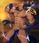  1boy abs bara bare_chest blonde_hair blurry blurry_background bulge chest cropped_legs dark_blue_hair facial_hair flexing floating floating_object goatee gyee hand_on_hip lightning lvlv male_focus minamoto_no_raikou_(gyee) multicolored_hair muscle navel nipples orange_eyes pelvic_curtain pointy_ears pose revealing_clothes short_hair sideburns smile solo thick_thighs thighs veins 