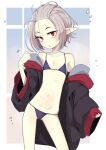  1girl bangs_pinned_back bikini flat_chest highres micro_bikini navel off_shoulder ogami_kazuki original oversized_clothes pointy_ears red_eyes ribs silver_hair skinny solo string_bikini swimsuit triangle_mouth vampire 