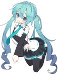  1girl @_@ absurdres aqua_hair aqua_neckwear bare_shoulders black_legwear black_skirt black_sleeves blue_eyes collarbone commentary crossed_arms crying crying_with_eyes_open detached_sleeves frown full_body furrowed_eyebrows happy_cream hatsune_miku highres legs_up light_blush long_hair miniskirt necktie pleated_skirt shirt skirt sleeveless sleeveless_shirt solo tears thigh-highs twintails very_long_hair vocaloid white_background white_shirt zettai_ryouiki 