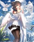  1girl angel angel_wings bare_shoulders bird branch clouds dress fern green_eyes hands_together highres leg_warmers letter lipstick looking_at_viewer looking_back makeup open_mouth original pleated_skirt scenery skirt sky vierzeck water white_dress wings 