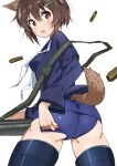  1girl animal_ears ass blue_legwear blue_sailor_collar blue_shirt blue_swimsuit brave_witches brown_eyes brown_hair commentary_request dog_ears dog_tail from_behind furuyama_itaru gun highres karibuchi_hikari looking_at_viewer looking_back sailor_collar sailor_shirt school_swimsuit shell_casing shirt short_hair simple_background solo striker_unit swimsuit tail thigh-highs weapon white_background world_witches_series 
