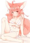 1girl ahoge animal_ear_fluff animal_ears arm_support bangs bare_arms bare_legs bare_shoulders barefoot bed_sheet bikini blush breasts closed_mouth collarbone commentary_request eyebrows_visible_through_hair fox_ears fox_girl fox_tail front-tie_bikini front-tie_top full_body groin hair_ornament hairclip highres knee_up large_breasts long_hair looking_at_viewer minato_yu_(0514) original red_eyes redhead side-tie_bikini solo swimsuit tail untied untied_bikini very_long_hair white_background white_bikini x_hair_ornament 