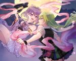  2girls alina_gray bare_shoulders black_headwear black_shirt black_wristband boyano character_request garter_straps green_eyes green_hair hat holding holding_clothes holding_hat japanese_clothes long_hair magia_record:_mahou_shoujo_madoka_magica_gaiden mahou_shoujo_madoka_magica medium_hair moon multicolored multicolored_clothes multicolored_skirt multiple_girls open_mouth puffy_short_sleeves puffy_sleeves purple_hair see-through_sleeves shirt short_sleeves skirt smile thigh-highs violet_eyes 