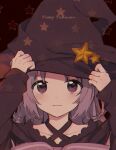  1girl adjusting_clothes adjusting_headwear black_headwear boyano closed_mouth facing_viewer hands_up happy_halloween hat long_hair looking_at_viewer magia_record:_mahou_shoujo_madoka_magica_gaiden mahou_shoujo_madoka_magica misono_karin portrait purple_hair solo star_(symbol) violet_eyes witch_hat 
