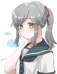  1girl blue_sailor_collar brown_eyes grey_hair hand_on_own_face highres kantai_collection long_hair looking_at_viewer sailor_collar school_uniform serafuku sidelocks simple_background solo tsukimura_(d24f4z8j3t) twitter_username upper_body usugumo_(kantai_collection) white_background 