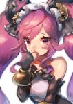  1girl absurdres bell black_gloves cleo_(dragalia_lost) covering_mouth dragalia_lost elbow_gloves fingerless_gloves gloves hair_bell hair_ornament hairband hand_over_own_mouth hand_up highres jingle_bell long_hair looking_at_viewer okame_nin pink_eyes pink_hair simple_background solo twintails upper_body white_background 