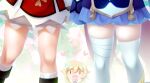  3girls bandaged_leg bandages blonde_hair bloomers close-up dress genshin_impact heart irori_(irorixc) jiangshi klee_(genshin_impact) legs lower_body lumine_(genshin_impact) multiple_girls open_mouth qiqi shorts single_thighhigh smile thigh-highs thighs underwear 