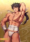  1boy abs arm_up armpits bandages bara bare_chest brown_eyes brown_hair bulge chest covered_navel cropped_legs fundoshi highres japanese_clothes loincloth long_hair lvlv male_focus muscle mutsu-no-kami_yoshiyuki nipples patreon_username ponytail shirt solo thick_thighs thighs touken_ranbu yellow_eyes 