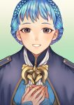  1girl absurdres black_eyes blue_capelet blue_dress blue_hair blush braid capelet commentary_request crown_braid dress epaulettes fire_emblem fire_emblem:_three_houses gradient gradient_background hands_on_own_chest highres looking_at_viewer marianne_von_edmund oj3_(maguro386) open_mouth ribbon short_hair simple_background smile solo teeth two-tone_background white_ribbon 
