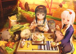  2girls abo_(kawatasyunnnosukesabu) animal autumn bear bird black_hair blush breasts brown_eyes bug crow dragonfly dress eating food fox hairband hedgehog highres insect jacket long_hair medium_breasts multiple_girls open_mouth original outdoors overalls owl pig red_eyes sidelocks sitting smile soup squirrel white_hair 