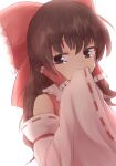  1girl arm_up brown_eyes brown_hair commentary_request covering_mouth detached_sleeves eyebrows_visible_through_hair hair_between_eyes hair_ribbon hair_tubes hakurei_reimu highres long_hair looking_at_viewer partial_commentary red_vest resa_7z_(resastr) ribbon ribbon-trimmed_sleeves ribbon_trim sidelocks simple_background sleeves_past_fingers sleeves_past_wrists solo standing tearing_up touhou upper_body vest white_background wide_sleeves 