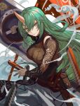  1girl arknights bangs black_shirt breasts commentary eyebrows_visible_through_hair green_hair grey_eyes hair_between_eyes highres horns hoshiguma_(arknights) large_breasts long_hair long_sleeves looking_at_viewer pouch shirt single_horn smile smoke solo spica_(spica_1510) very_long_hair 