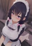  1girl apron bangs bed black_hair blanket blush bow breasts curtains eyebrows_visible_through_hair garter_straps hair_bow large_breasts maid maid_apron maid_headdress medium_hair original pillow pink_bow sidelocks solo sweatdrop thigh-highs unimon_e violet_eyes wavy_mouth white_legwear 