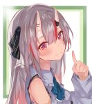  1girl ascot frilled_ascot frills from_side grey_hair grey_shirt hair_ribbon hand_up highres hololive horns index_finger_raised light_smile long_hair looking_at_viewer multicolored_hair nakiri_ayame nono_i831 oni oni_horns plaid_neckwear red_eyes ribbon shirt simple_background sleeveless sleeveless_shirt solo streaked_hair upper_body 