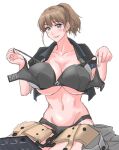  1girl belt black_bra black_panties black_shirt blue_eyes bra breasts brown_hair clothes_removed commentary_request highres holding holding_bra holding_clothes holding_underwear intrepid_(kantai_collection) kantai_collection large_breasts open_clothes panties ponytail shirt short_hair simple_background solo sozan underwear white_background 