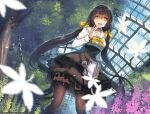 1girl dress frilled_dress frilled_skirt frills greenhouse hair_between_eyes hair_ornament hair_ribbon hairclip hand_on_own_face highres long_hair open_mouth original ribbon skirt smile twintails vierzeck watering_can yellow_eyes yellow_ribbon 