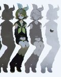  1girl blonde_hair blue_eyes closed_eyes cube detached_sleeves grey_background hands_together headset highres kagamine_rin looking_down mawarusanso multiple_views short_hair silhouette sitting vocaloid 