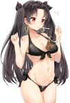  1girl absurdres bikini black_bikini black_hair blush breasts bubble_tea bubble_tea_challenge collarbone commentary_request drinking_straw earrings fate/grand_order fate_(series) hands_up highres hoop_earrings ishtar_(fate)_(all) ishtar_(fate/grand_order) jewelry long_hair medium_breasts mouth_hold natsuichi-sama navel red_eyes revision side-tie_bikini simple_background solo swimsuit two_side_up white_background 