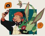  1boy ? black_hair black_hoodie closed_eyes commentary_request dark_skin dark_skinned_male earrings flygon gen_3_pokemon gen_4_pokemon gym_leader hand_up highres holding jewelry open_mouth orange_headwear pokemon pokemon_(creature) pokemon_(game) pokemon_swsh raihan_(pokemon) rotom rotom_phone shigi_(mnmcmm) smile spoken_question_mark star_(symbol) teeth 