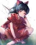  1girl arrow_(projectile) barefoot black_hair bow bow_(weapon) cape commentary_request gloves grass hair_bow han&#039;you_no_yashahime hi-na1 highres inuyasha katana moroha red_eyes shorts solo sword toeless_legwear weapon 