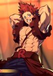  1boy abs armpits arms_behind_head bara boku_no_hero_academia chest highres kirishima_eijirou looking_at_viewer lvlv male_focus muscle navel nipples red_eyes redhead sharp_teeth shirtless short_hair smile solo spiky_hair teeth 