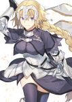  1girl armor armored_dress blonde_hair breasts fate/apocrypha fate/grand_order fate_(series) gloves hair_between_eyes headpiece highres jeanne_d&#039;arc_(fate) jeanne_d&#039;arc_(fate)_(all) large_breasts looking_at_viewer nikame over_shoulder polearm purple_legwear ruler_(fate/apocrypha) smile solo standard_bearer sword sword_over_shoulder thigh-highs thighs violet_eyes weapon weapon_over_shoulder white_background 