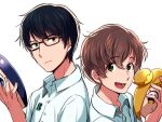  2boys :d bangs black-framed_eyewear black_hair brown_eyes brown_hair buttons character_mask closed_mouth collared_shirt commentary_request dated_commentary dress_shirt eyebrows_visible_through_hair glasses hair_between_eyes holding holding_mask ishikawa_kaito looking_at_viewer male_focus mask multiple_boys nine_(zankyou_no_terror) open_mouth pipimi poptepipic popuko saitou_souma sayshownen school_uniform seiyuu_connection shirt short_hair simple_background smile twelve_(zankyou_no_terror) upper_body white_background white_shirt zankyou_no_terror 