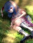  1girl animal_ears asymmetrical_footwear bloomers blue_dress blue_hair boots bunny_tail crescent_print cross-laced_footwear dappled_sunlight dress ear_clip grass hand_on_own_thigh highres kayon_(touzoku) looking_at_viewer low_twintails lying on_grass on_ground on_side parted_lips puffy_short_sleeves puffy_sleeves rabbit_ears red_eyes seiran_(touhou) short_hair short_sleeves solo star_(symbol) star_print sunlight tail tearing_up touhou twintails two-tone_footwear underwear 