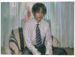  1boy 1girl black_hair chair closed_mouth curtains frame highres indoors long_hair looking_at_viewer looking_out_window necktie neckwear original painterly pink_hair qunqing123 sitting solo_focus striped striped_neckwear violet_eyes 