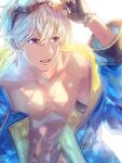 1boy abs bangs bare_chest blue_hoodie collarbone commentary_request dark_skin dark_skinned_male goggles goggles_on_head granblue_fantasy hand_on_goggles hood hoodie joel_(granblue_fantasy) long_sleeves looking_afar male_focus misuguu no_nipples open_clothes open_hoodie open_mouth short_hair solo toned toned_male two-tone_hoodie upper_body upper_teeth violet_eyes white_hair yellow_hoodie 