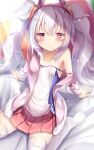  1girl :&lt; animal_ears arm_support azur_lane bed_sheet blush camisole closed_mouth commentary_request fake_animal_ears hairband highres jacket laffey_(azur_lane) long_hair long_sleeves looking_at_viewer na!?_(naxtuyasai) no_shoes off_shoulder open_clothes open_jacket pillow pink_jacket pleated_skirt rabbit_ears red_eyes red_hairband red_skirt silver_hair skirt soles solo strap_slip thigh-highs twintails very_long_hair white_camisole white_legwear 