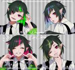  1boy alternate_hair_color bangs black_hair blue_hair collared_shirt fangs gradient_hair green_hair green_nails highres lilia_vanrouge looking_at_viewer male_focus multicolored_hair night_raven_college_uniform one_eye_closed open_mouth pink_hair pink_nails pointy_ears red_eyes shinonome2nd shirt short_hair smile solo streaked_hair twisted_wonderland two-tone_hair 