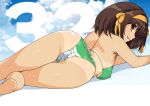  1girl bare_arms bare_legs bare_shoulders bikini breasts brown_eyes brown_hair commentary_request from_behind green_bikini hair_ribbon hairband haruhisky looking_at_viewer looking_back lying medium_breasts medium_hair on_stomach open_mouth ribbon smile solo suzumiya_haruhi suzumiya_haruhi_no_yuuutsu swimsuit tan tanline wet yellow_hairband 