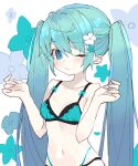  1girl @_@ absurdres aqua_hair bikini blue_bikini blue_eyes blue_flower breasts collarbone commentary floral_background flower hair_flower hair_ornament hands_up happy_cream hatsune_miku highres long_hair looking_at_viewer midriff navel one_eye_closed small_breasts solo star_(symbol) stomach swimsuit twintails upper_body very_long_hair vocaloid white_background white_flower 