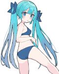  1girl @_@ aqua_hair bikini blue_bikini blue_bow blue_eyes bow commentary cowboy_shot crying crying_with_eyes_open english_commentary from_behind hair_bow happy_cream hatsune_miku long_hair looking_at_viewer looking_back solo standing swimsuit tears twintails very_long_hair vocaloid white_background 