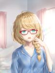  1girl ahoge bangs blonde_hair braid claire_eikaiwa claire_sensei eyebrows_visible_through_hair glasses green_eyes hair_ornament highres looking_at_viewer open_mouth pajamas red-framed_eyewear side_braid single_braid sleepy solo sunlight tim86231 virtual_youtuber 