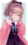  1girl absurdres bespectacled blue_eyes brown_hair cardigan glasses highres looking_at_viewer marumaruru nijisanji open_mouth pink_cardigan ponytail ribbon skirt solo striped suzuhara_lulu vertical-striped_skirt vertical_stripes virtual_youtuber 