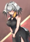  1girl alternate_costume bangs bare_arms bare_shoulders bird_tail black_dress black_hair breasts buttons closed_mouth dress dutch_angle expressionless grey_hair hair_between_eyes hair_intakes highres john_(a2556349) kemono_friends long_hair looking_at_viewer multicolored_hair orange_eyes orange_hair own_hands_together shoebill_(kemono_friends) sidelocks sleeveless sleeveless_dress solo tail v_arms 