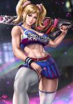  1girl abs belt blonde_hair blue_eyes candy chainsaw cheerleader commentary dandon_fuga food highres juliet_starling lollipop lollipop_chainsaw long_hair looking_at_viewer midriff navel parted_lips skirt smile solo thigh-highs thighs toned twintails white_legwear 