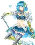  1girl armor armored_skirt bangs bikini bikini_armor blue_bikini blue_eyes blue_hair blue_legwear blue_skirt breasts commentary_request eyebrows_visible_through_hair eyes_visible_through_hair flail gauntlets hair_between_eyes hair_ribbon head_wings headband heart holding holding_weapon leg_armor looking_at_viewer medium_breasts medium_hair miniskirt misuguu morning_star navel ragnarok_online ribbon royal_guard_(ragnarok_online) signature simple_background skirt smile solo standing stomach swimsuit thigh-highs weapon white_background yellow_ribbon zettai_ryouiki 