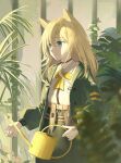  1girl animal_ears arknights bangs blonde_hair blurry blurry_foreground bow closed_mouth collared_shirt commentary_request depth_of_field eyebrows_visible_through_hair green_eyes green_jacket green_skirt hair_between_eyes highres holding jacket jfjf long_hair long_sleeves looking_away open_clothes open_jacket plant podenco_(arknights) puffy_long_sleeves puffy_sleeves shirt skirt smile solo watering_can white_shirt yellow_bow 