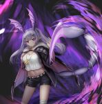  1girl absurdres arknights bandaged_leg bandages bat_wings black_jacket breasts commentary_request dog_tags fur-trimmed_jacket fur_trim head_wings highres jacket light_purple_hair long_hair looking_at_viewer manticore_(arknights) medium_breasts monster_girl navel pointy_ears scorpion_tail shirt shorts solo tail twintails ueex8752 violet_eyes white_shirt wings 