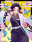  1girl animal_print arms_up belt black_hair black_jacket black_pants blue_butterfly bug butterfly butterfly_hair_ornament butterfly_print cowboy_shot egasumi gradient_hair hair_ornament haori highres holding holding_sword holding_weapon insect jacket japanese_clothes kimetsu_no_yaiba kochou_shinobu long_sleeves looking_at_viewer multicolored_hair pants purple_hair risuko.exe smile solo sparkle sword twitter_username violet_eyes weapon white_belt wide_sleeves 